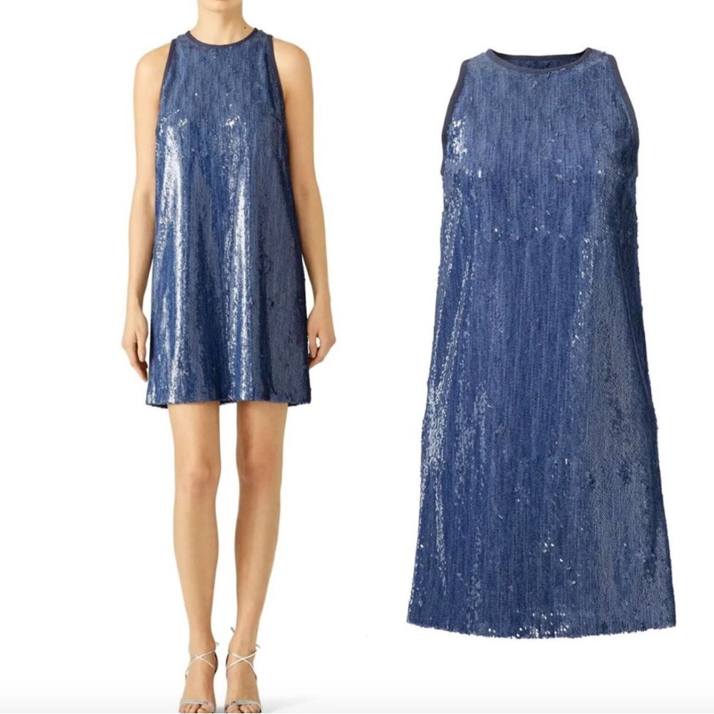 NWT Carmen Marc Valvo Size 10 Sequin Sleeveless Blue Shift Dress Party Dress.